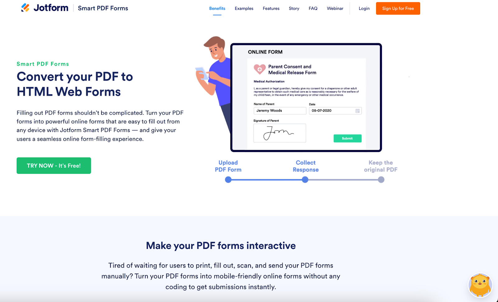Jotform website with the words: "Convert your PDF to HTML Web Forms"