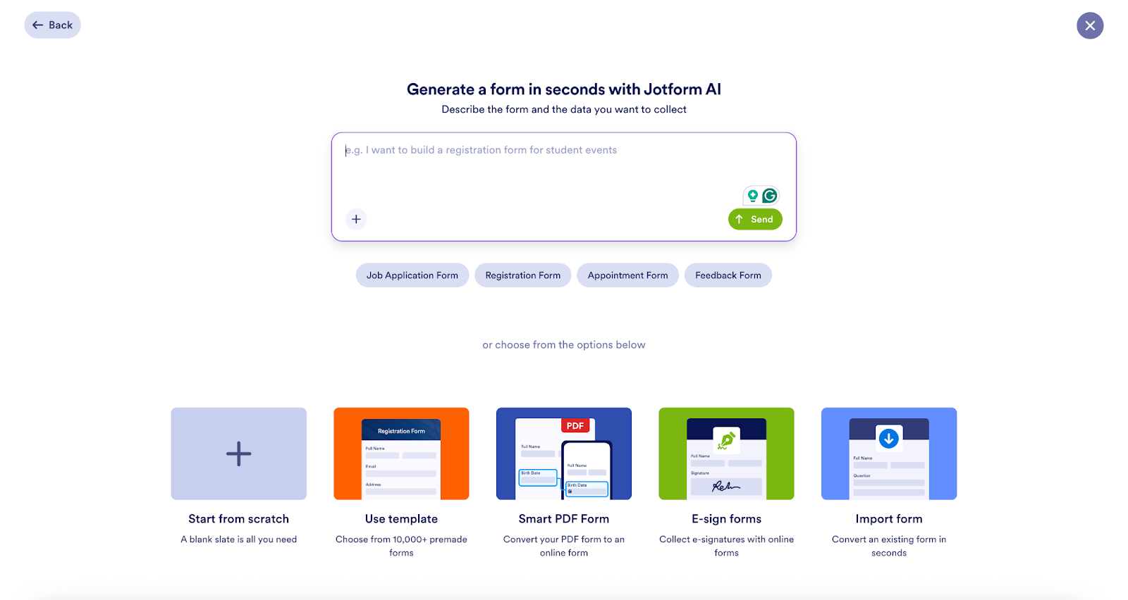 Jotform interface showing several options to generate a form, including with AI, from scratch, using a template, or by importing a form