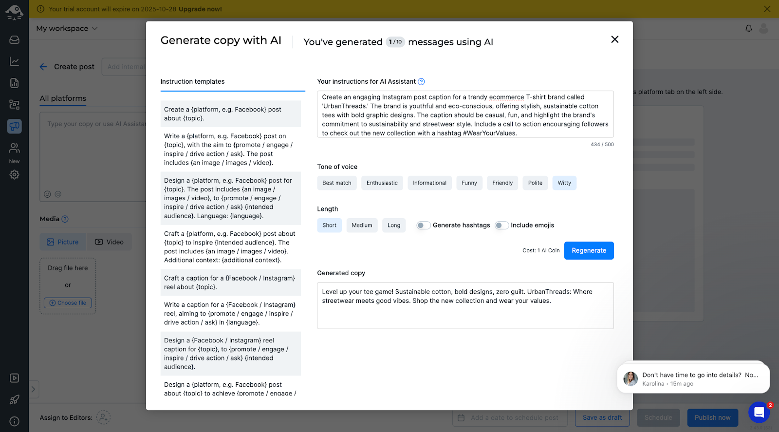 NapoleonCat Generate copy with AI option