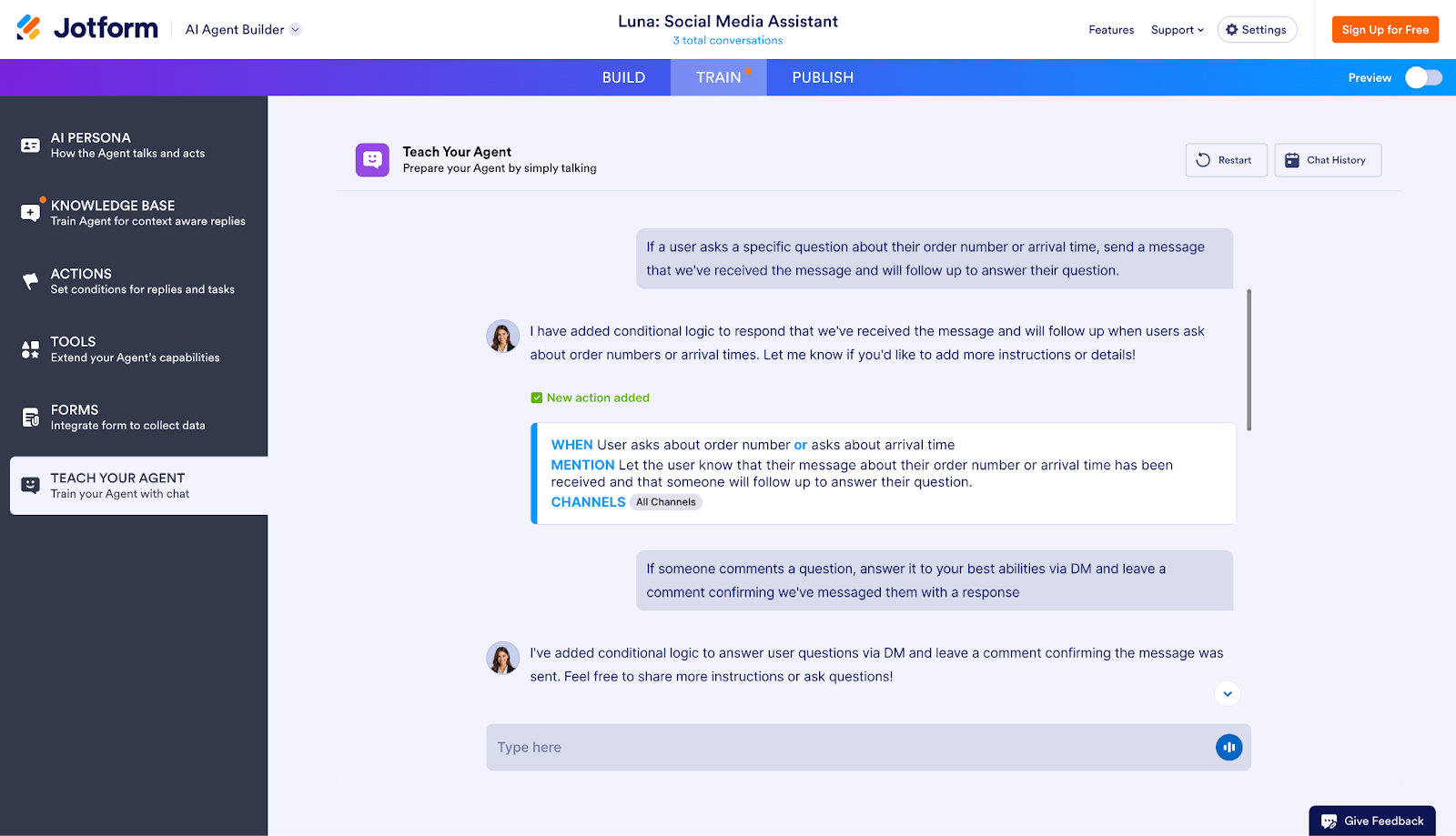 Jotform AI Agent Builder Teach Your Agent Section