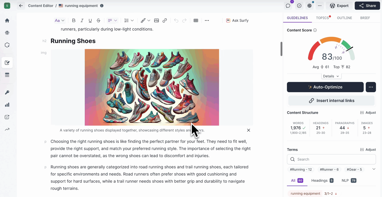 Page d'édition de contenu SEO Surfer