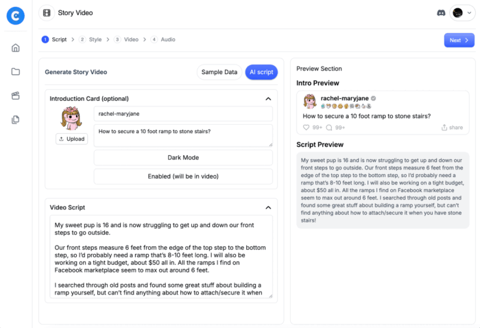 Page du script vidéo Crayo AI