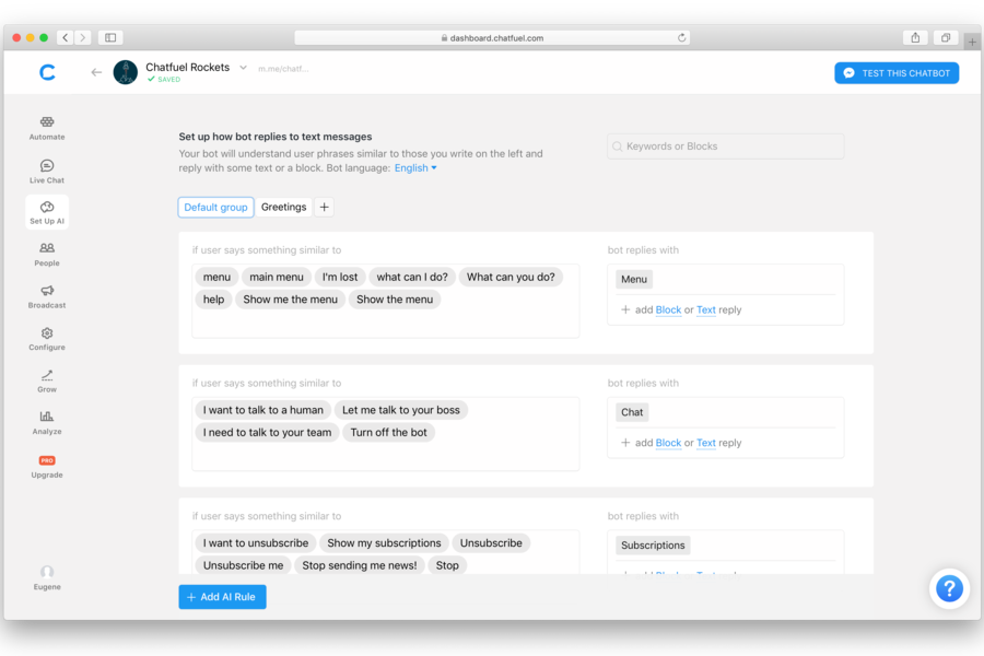 Interface utilisateur Chatfuel