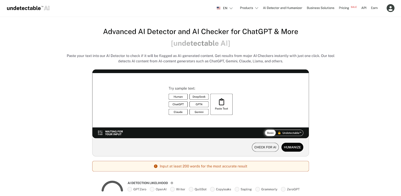 Page web de Undetectable AI