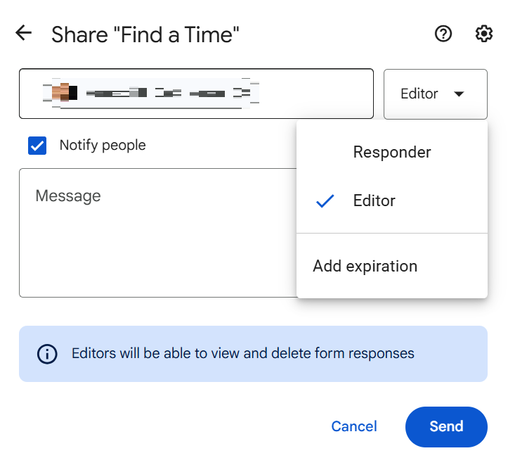 Google Forms Share Menu Collaborator Status Dropdown