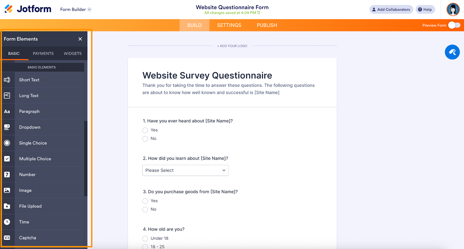 Jotform interface showing the Form Elements sidebar