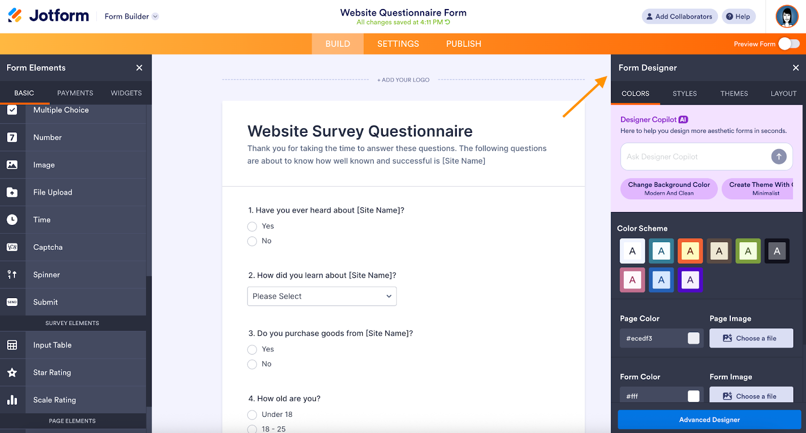 Jotform interface showing the Form Designer sidebar