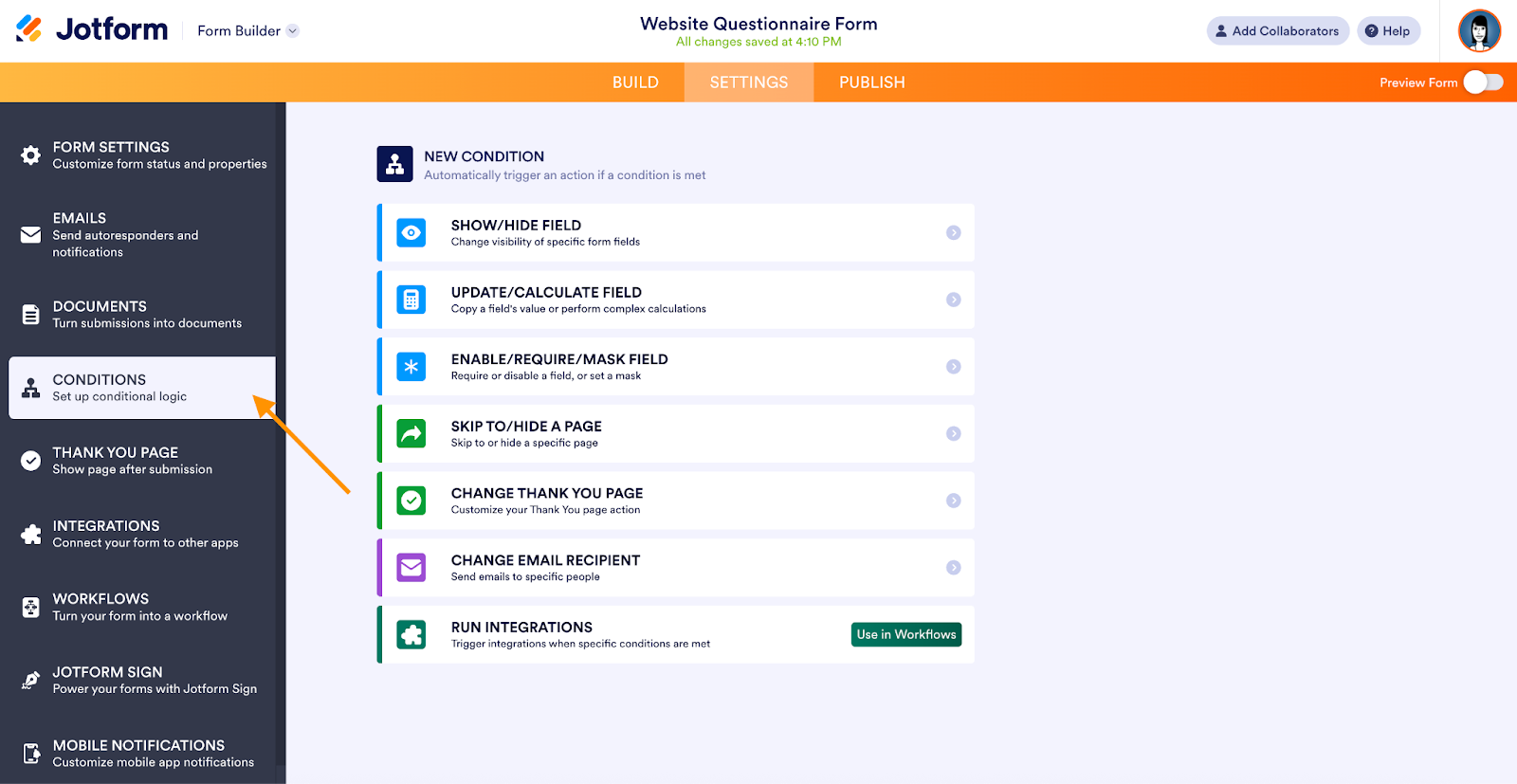 Jotform interface showing the Conditions options