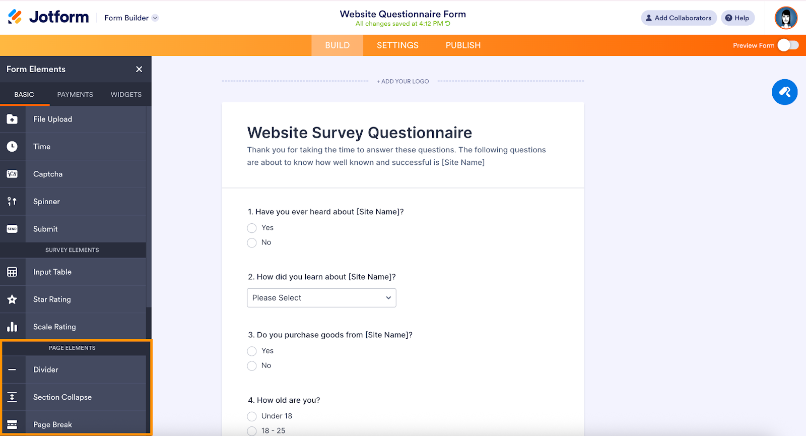 Jotform interface showing the Page Elements within the Form Elements sidebar