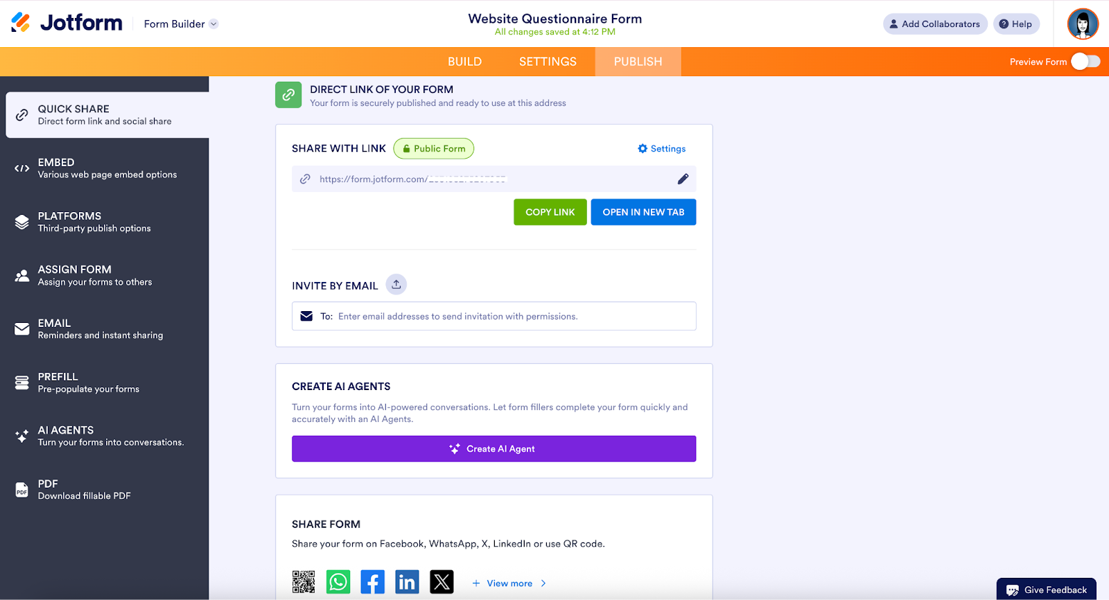 Jotform interface showing publishing options