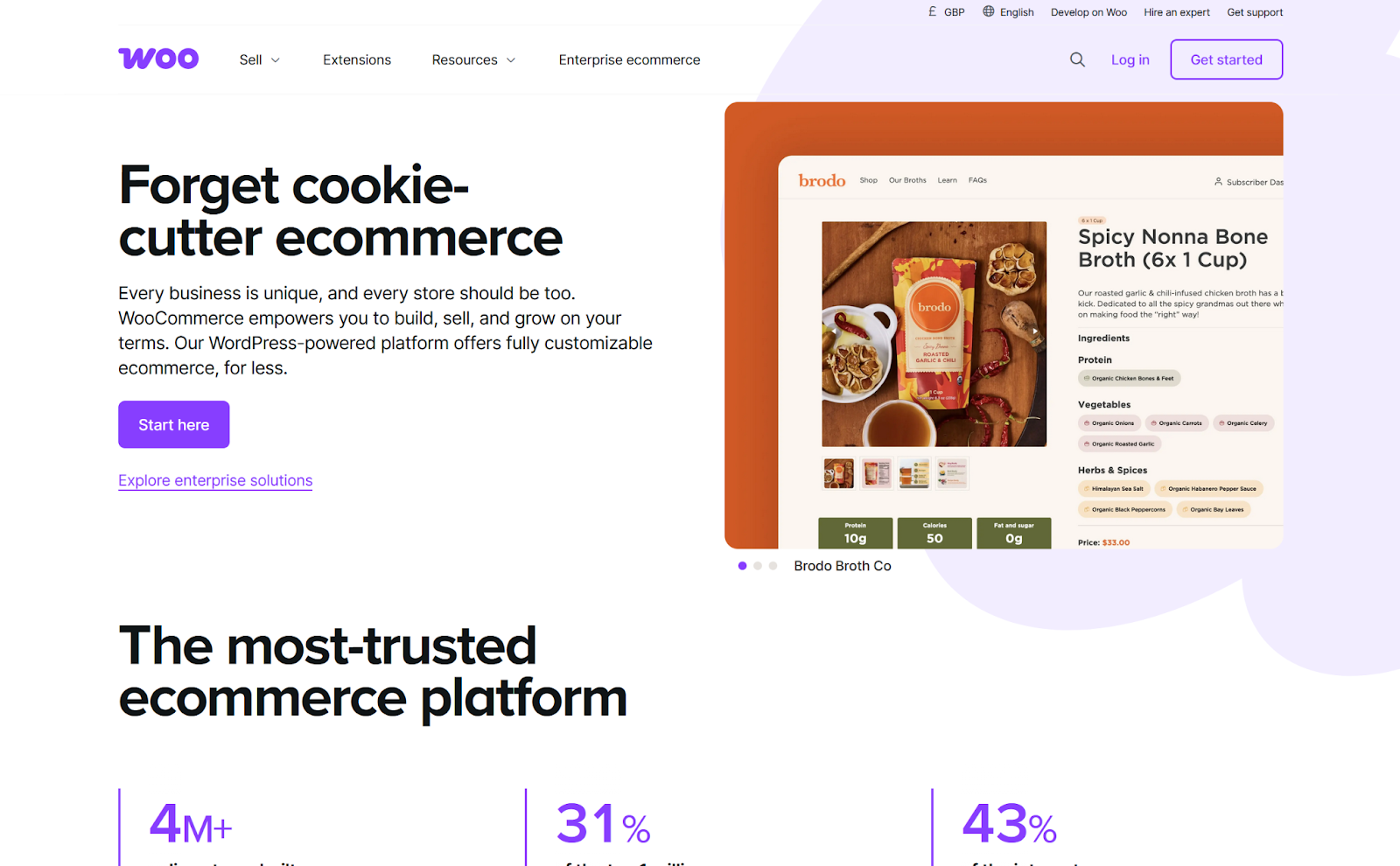 Screenshot of the WooCommerce homepage, showing key statistics and a sample store site