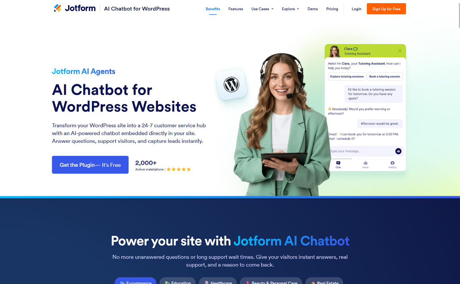 Screenshot of the Jotform AI Chatbot for WordPress plug-in landing page, featuring a smiling AI agent and sample customer chat