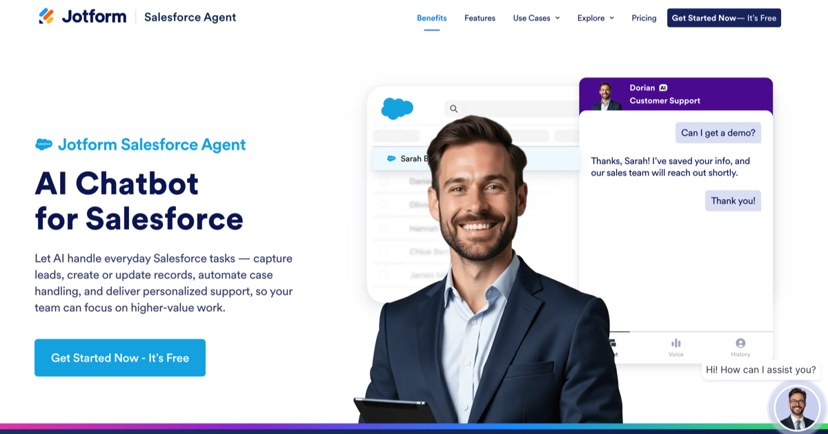 screenshot of Jotform Salesforce product landing page with the words let AI handle everyday Salesforce tasks