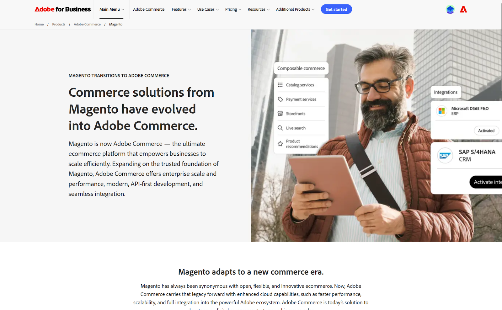 Screenshot of the Magento landing page, featuring a photo of a customer using the platform while on the go and a blurb highlighting the fact that Magento is now part of Adobe Commerce