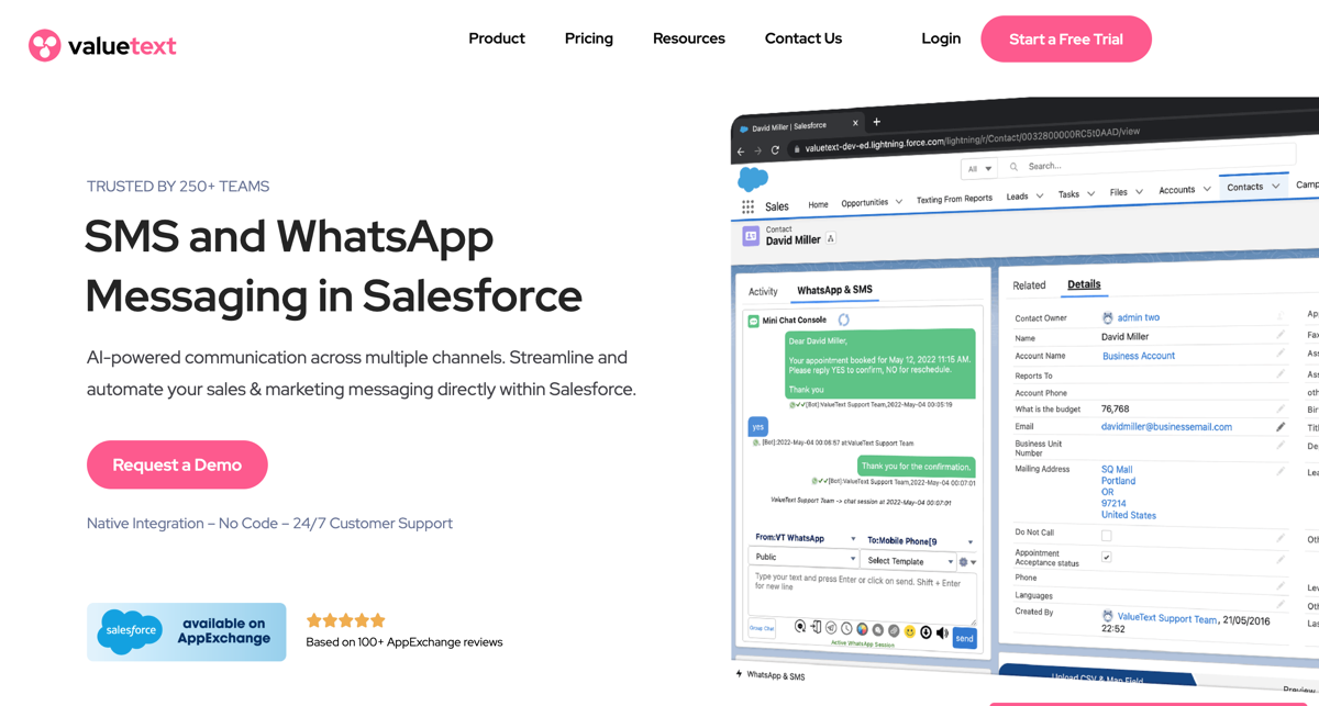 valuetext website homepage screenshot with a big product interface image saying sms and whatsapp messaging in salesforce