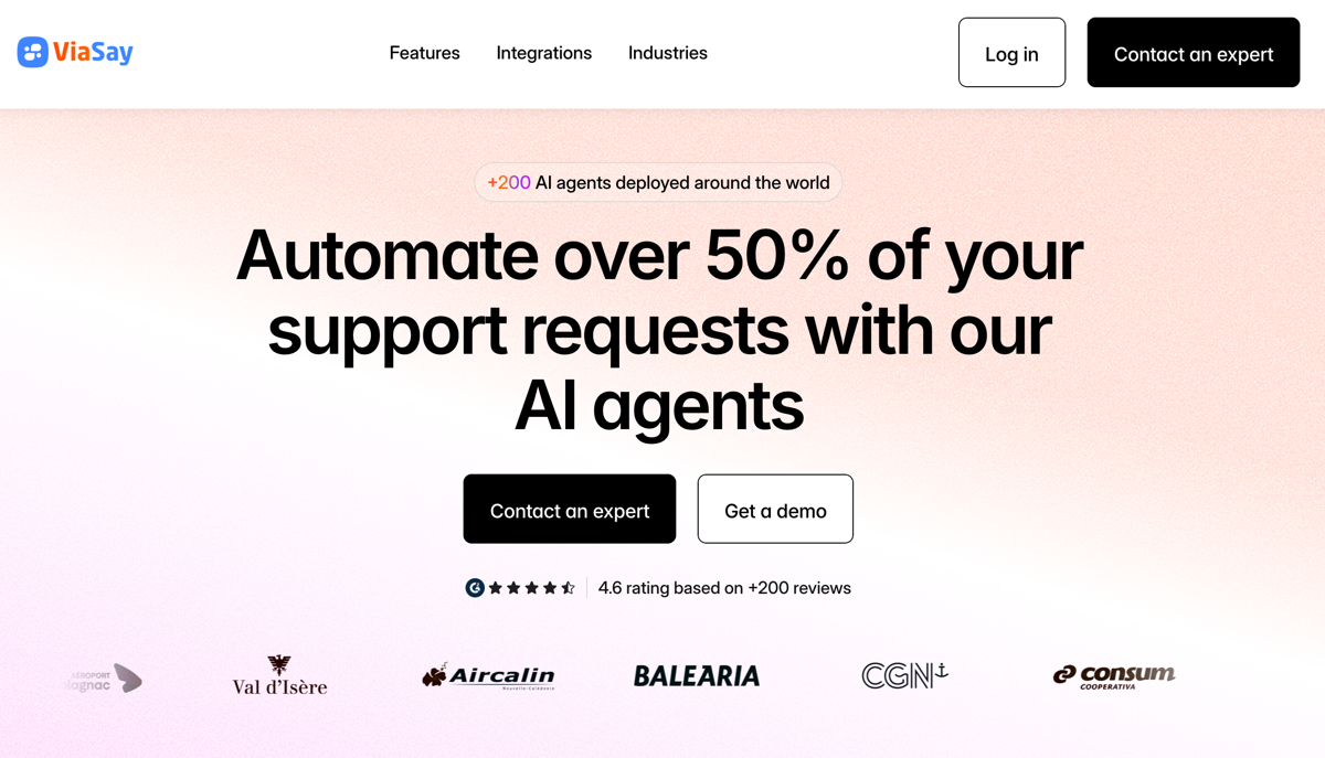 ViaSay website homepage screenshot with the words automate over 50% of your support requests with our AI agents
