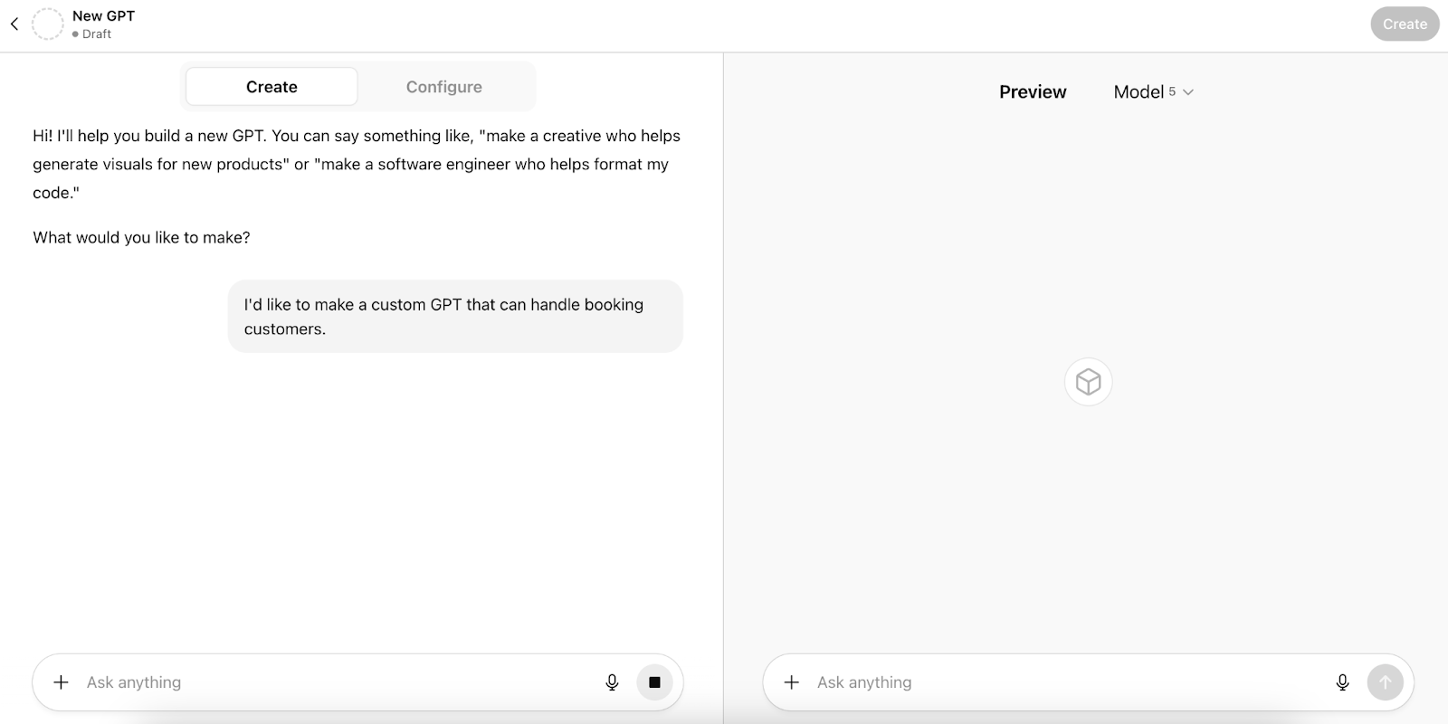 ChatGPT interface showing a conversation with the chatbot about making a custom GPT that can handle booking customers