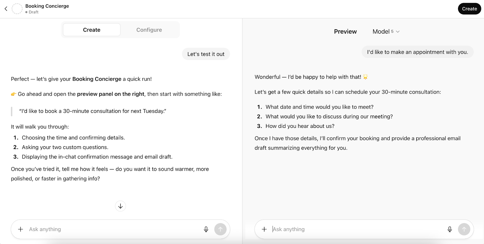 ChatGPT interface showing a user testing the custom model