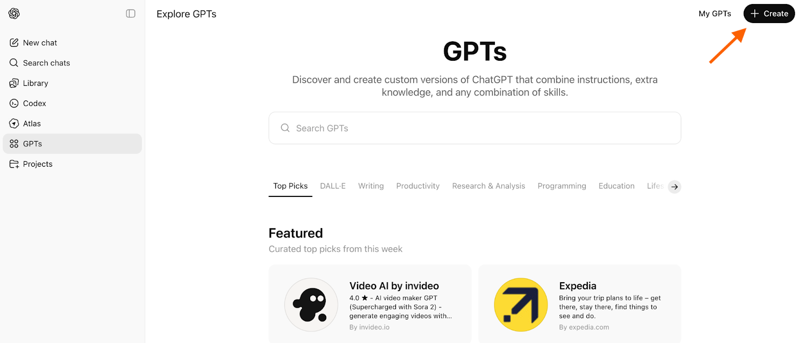 ChatGPT interface showing the Explore GPTs tab and the + Create button at the top right