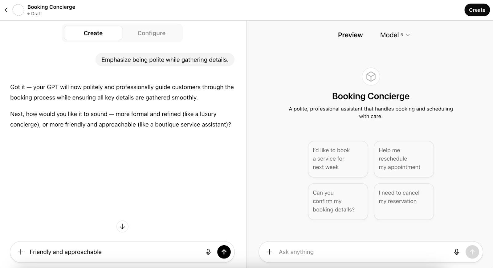 ChatGPT interface showing additional prompts about the tone of voice and a previewed booking concierge custom GPT