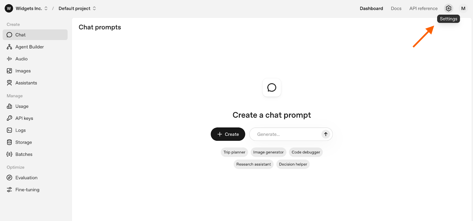 ChatGPT interface showing the settings gear icon in the top right corner