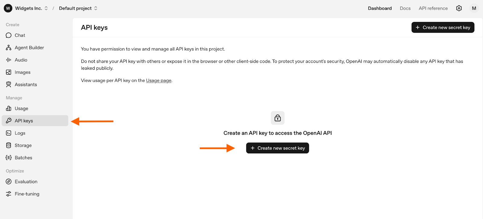 ChatGPT interface showing the + Create new secret key button in the API keys tab