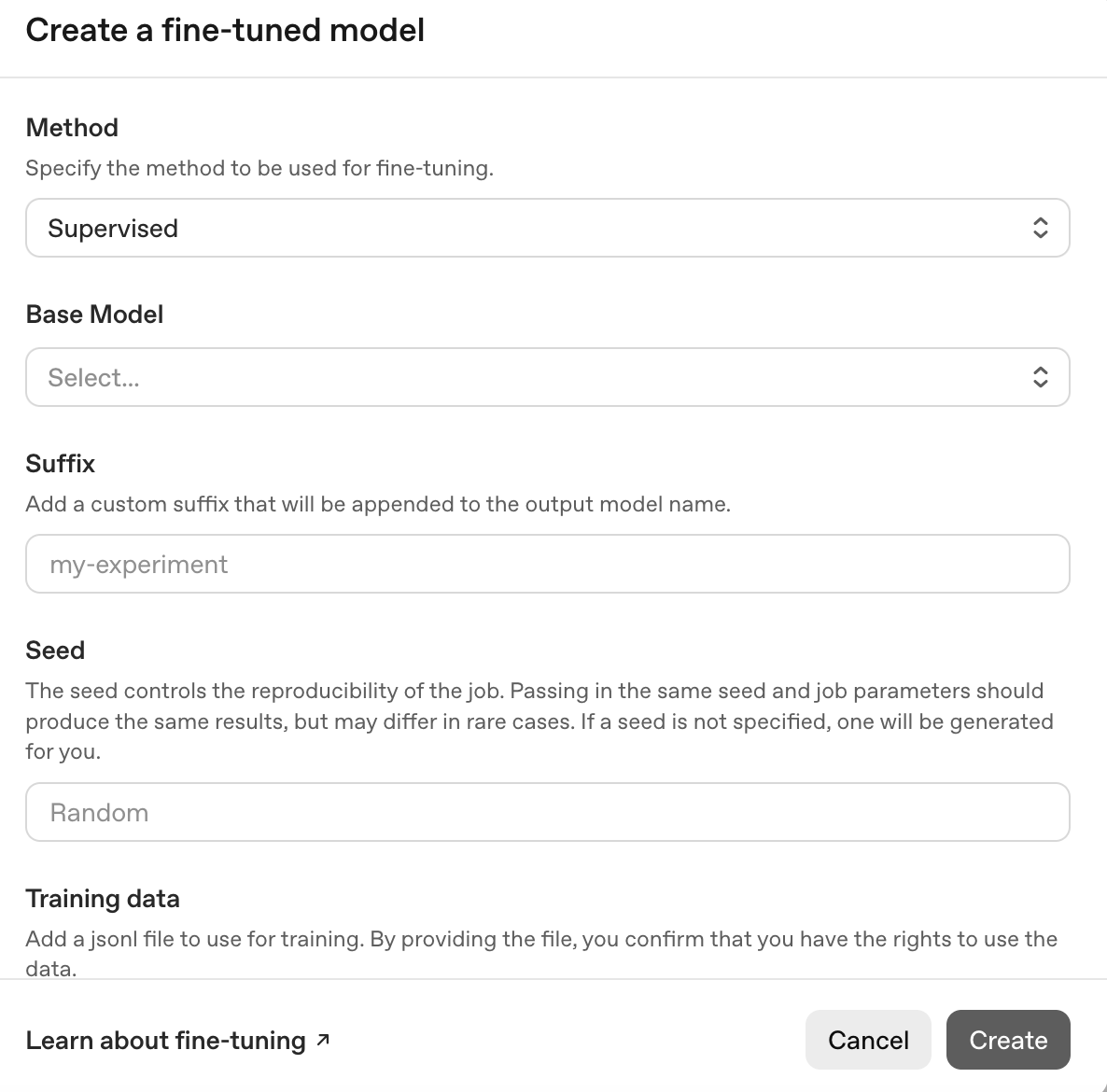 ChatGPT interface showing the various options to create a fine-tuned model