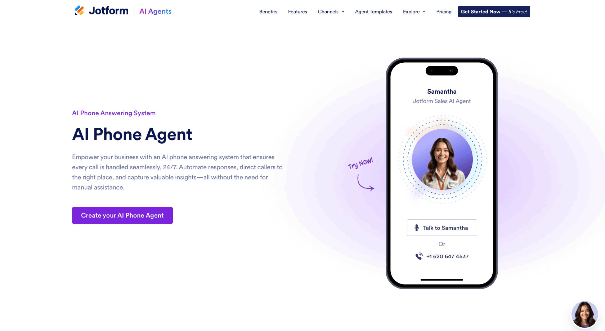 Jotform AI Phone Answering System Landing Page