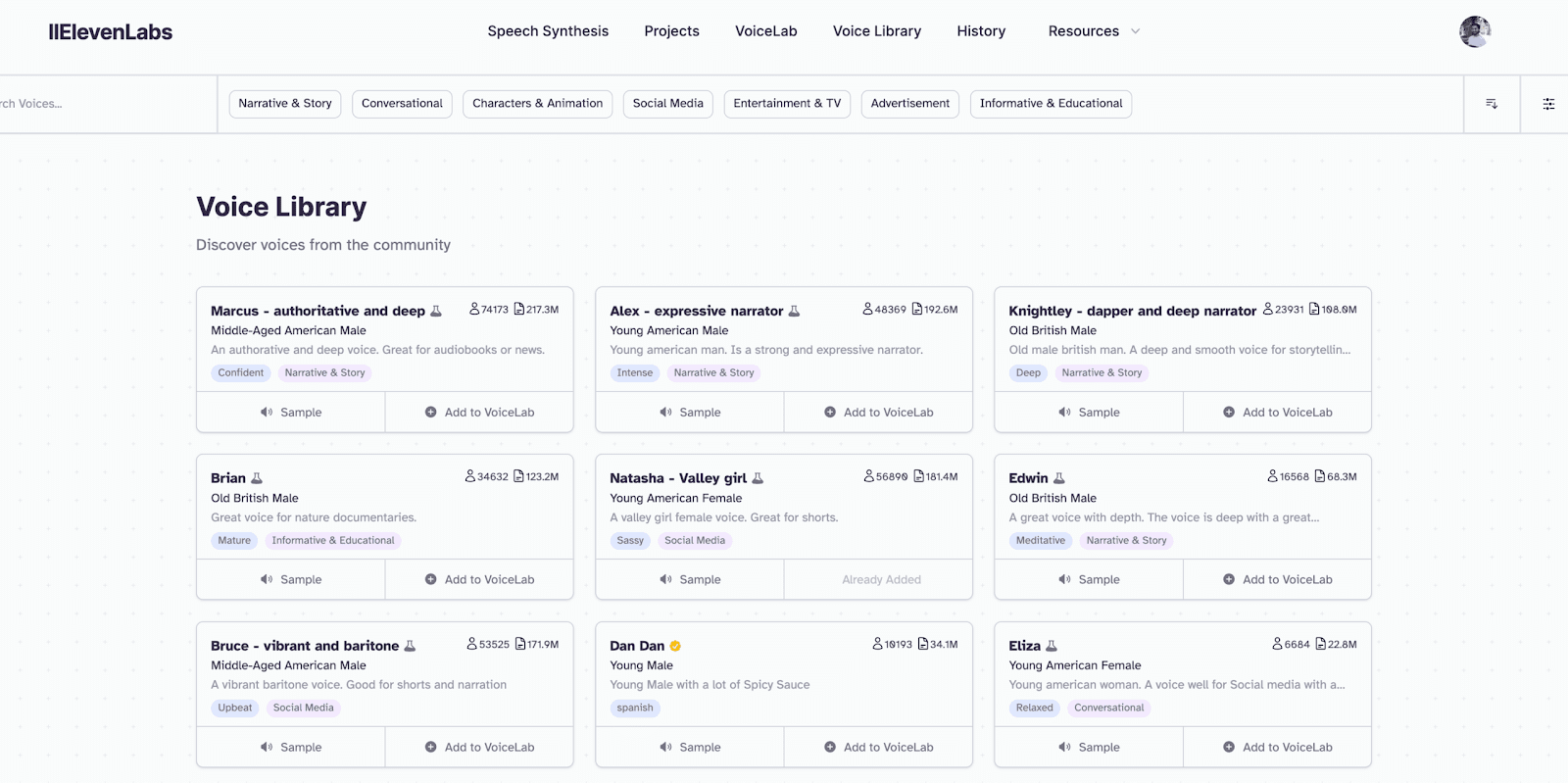 Interface utilisateur ElevenLabs