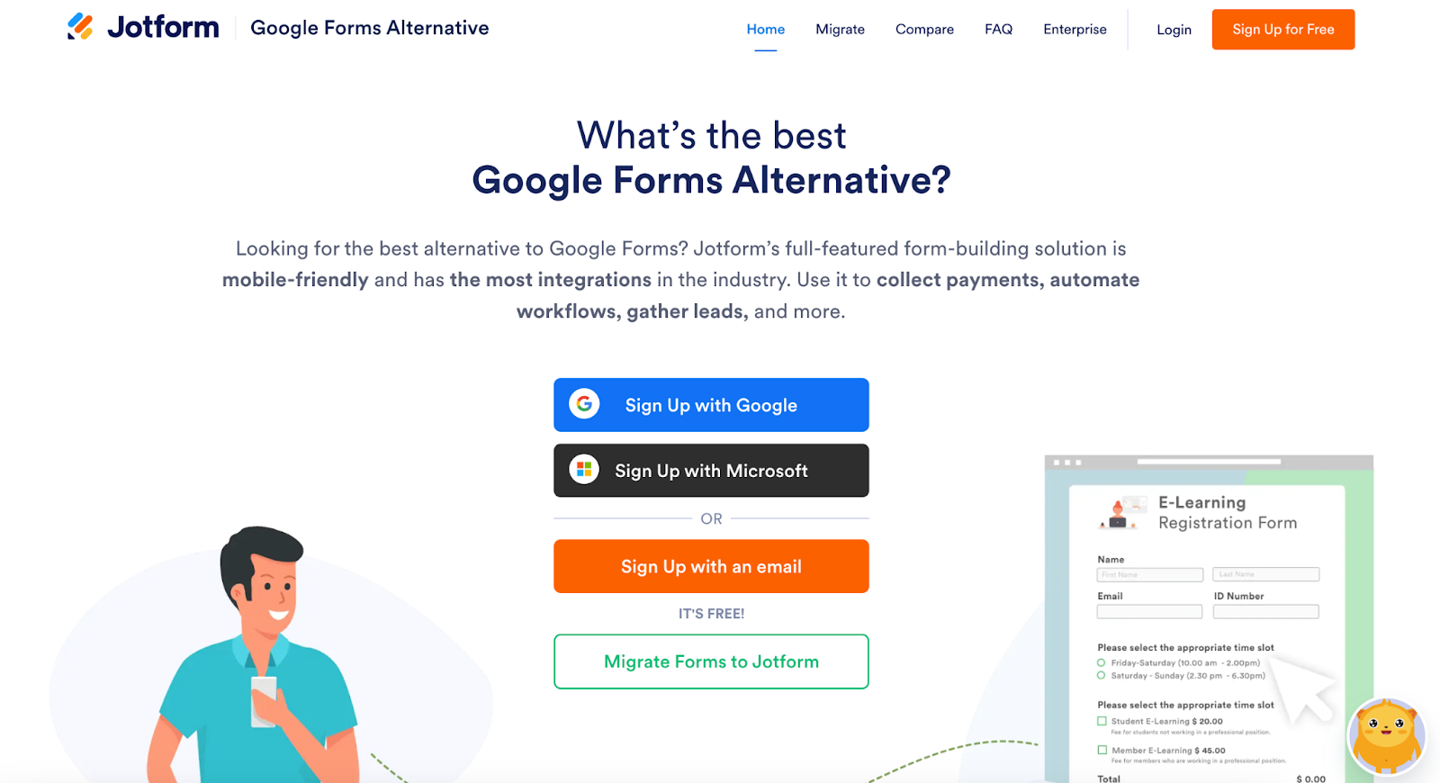 screenshot of Google Forms Alternative landing page on Jotform website