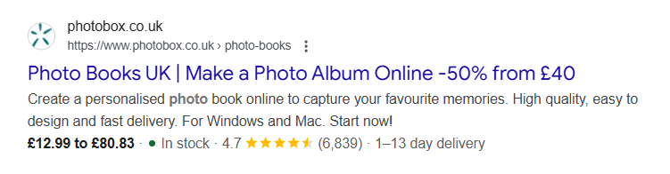 Screenshot shows a listing in Google search engine results pages (SERPs) that is enhanced with review stars, price, in-stock status, and delivery information