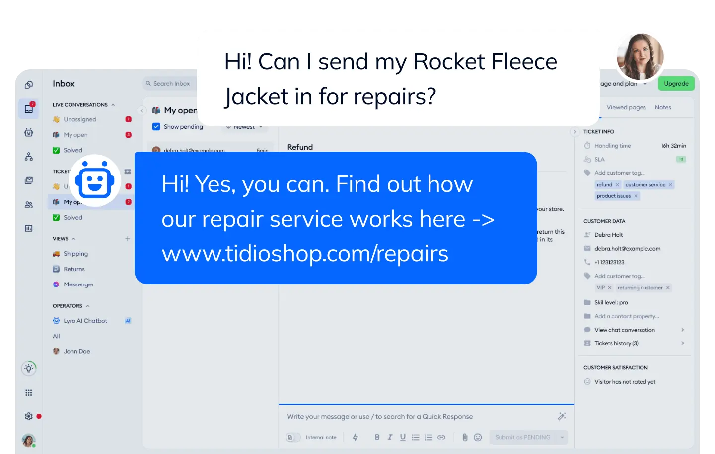 Screenshot of the Tidio + Lyro AI WordPress plugin