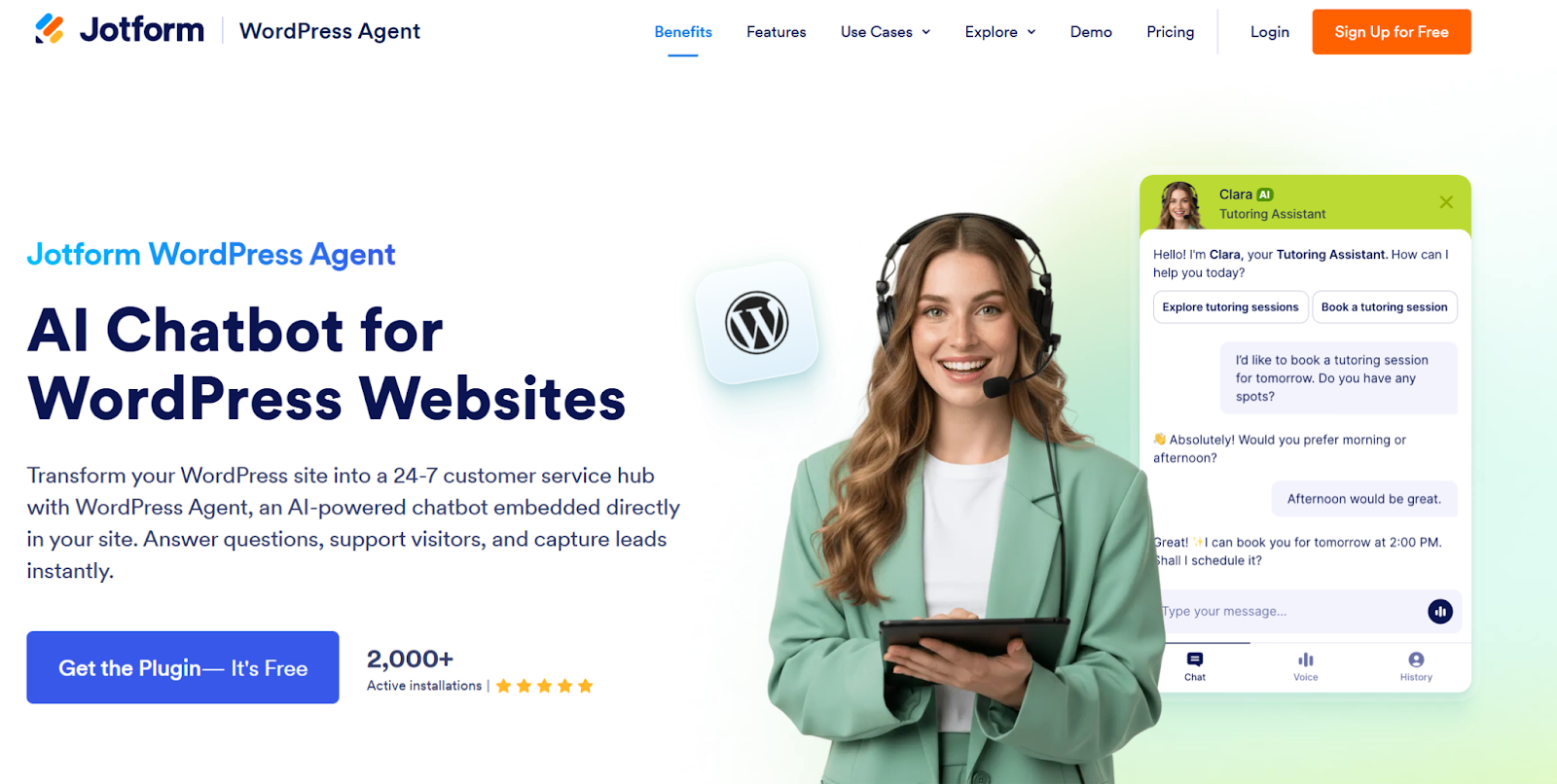 screenshot of Jotform AI chatbot for WordPress landing page