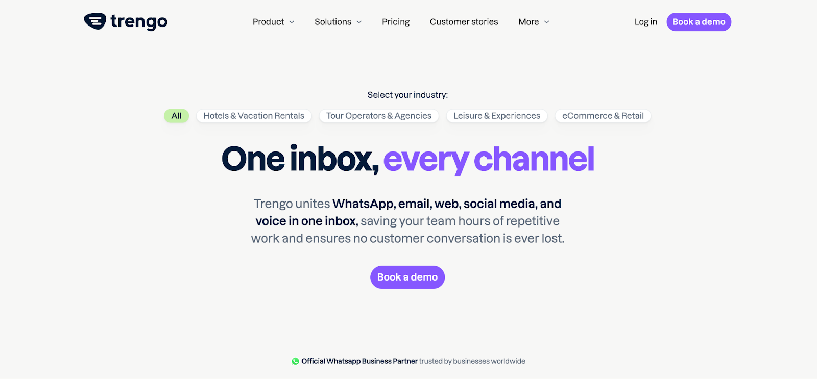 screenshot of trengo website homepage with the following words one inbox, every channel