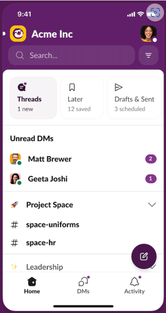 Benutzeroberfläche von Slack auf dem Mobiltelefon