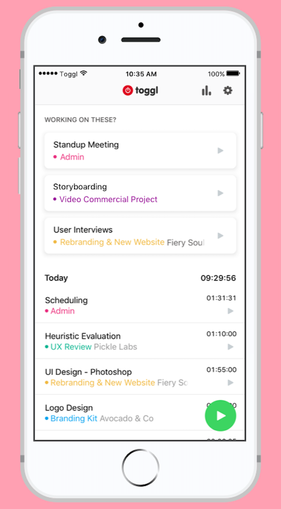 Benutzeroberfläche von Toggl auf dem Mobiltelefon