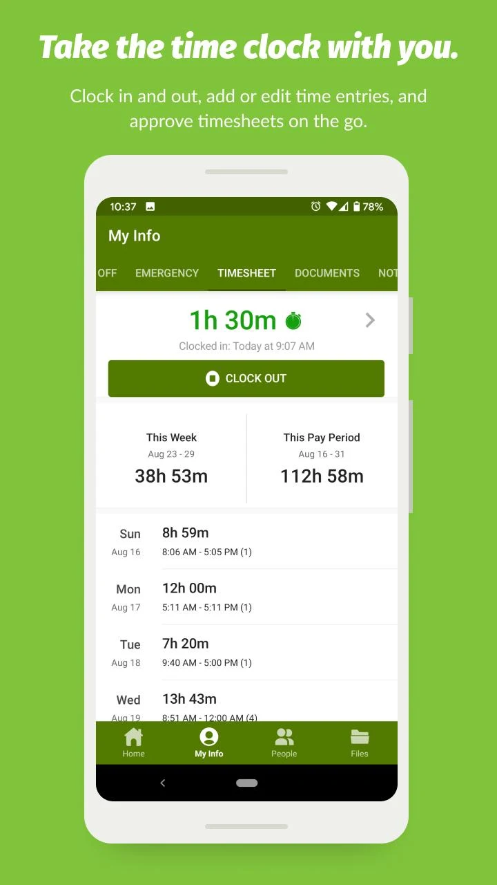 Benutzeroberfläche von BambooHR auf den Mobiltelefon