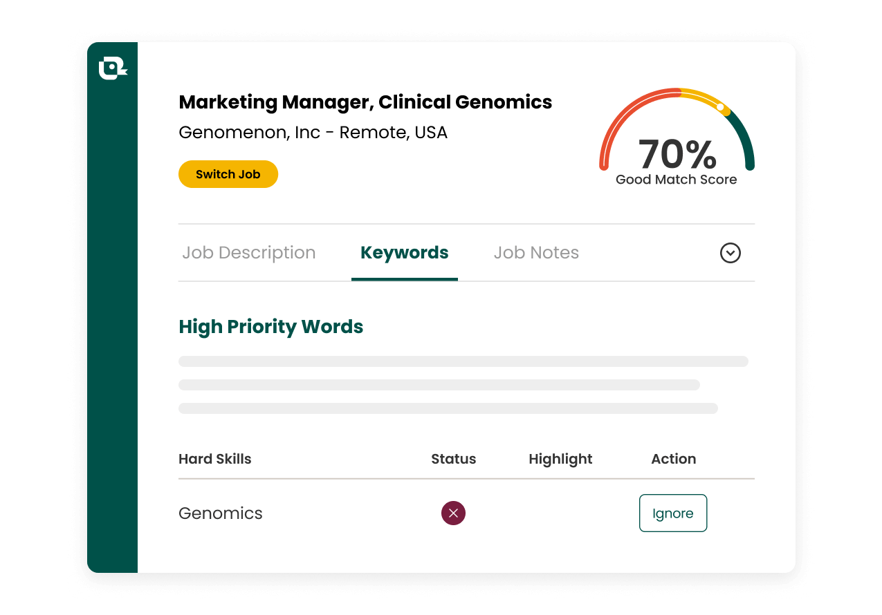 Interface Teal affichant un score de CV de 70 % et des suggestions de mots-clés avec une priorité très élevée à inclure