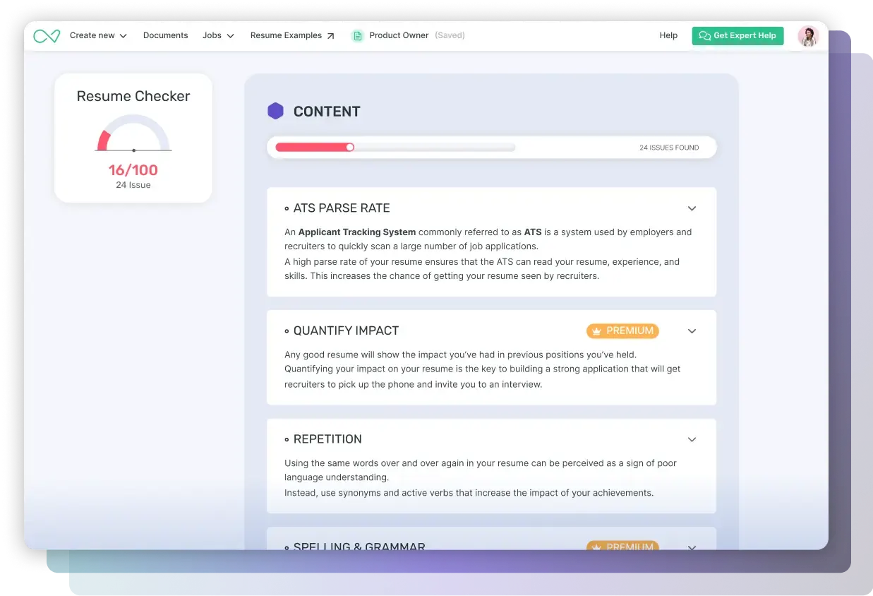 Interface Enhancv montrant un CV en création avec un score de 16/100 et 24 incohérences à résoudre