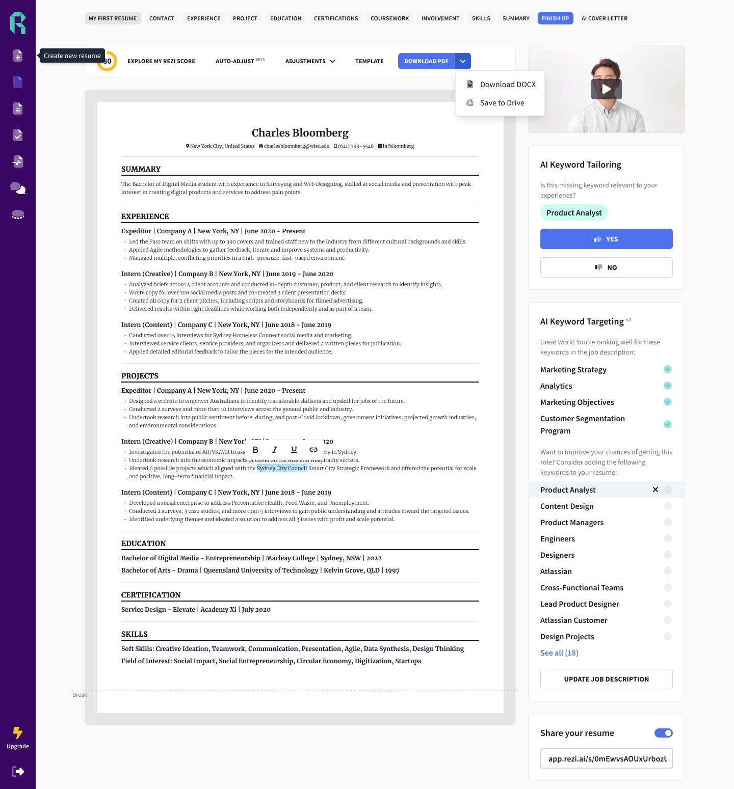 Interface Rezi AI affichant un score de CV de 80/100 et des suggestions de mots-clés à inclure