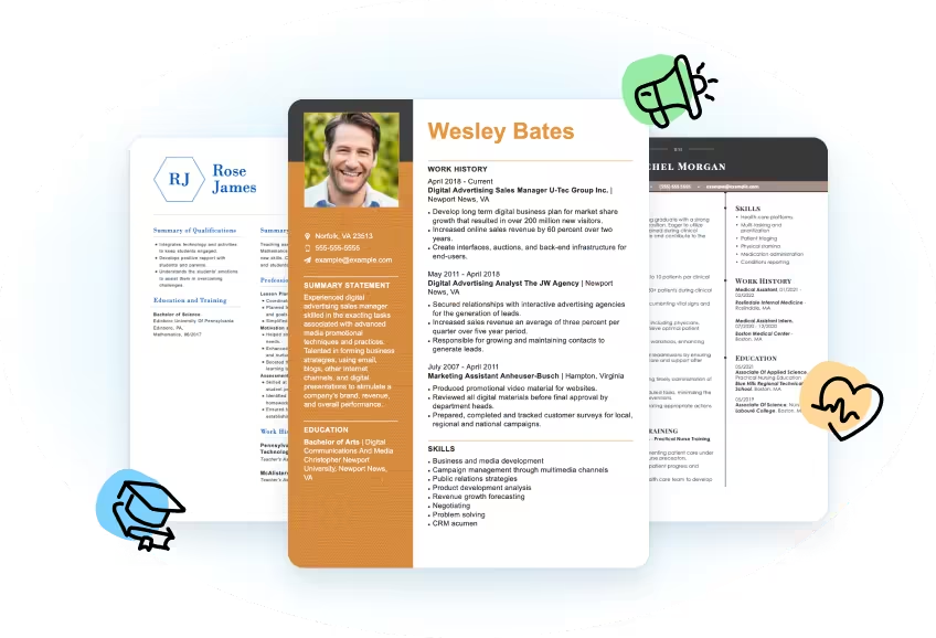 Image d’une page web Resume-Now qui montre trois modèles de CV : créatif, moderne et professionnel.
