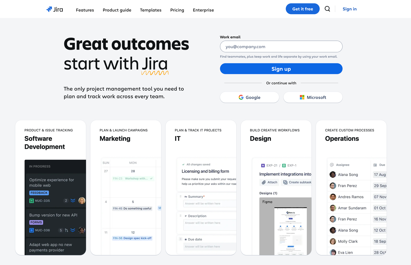 screenshot of jira website homepage saying great outcomes start with jira