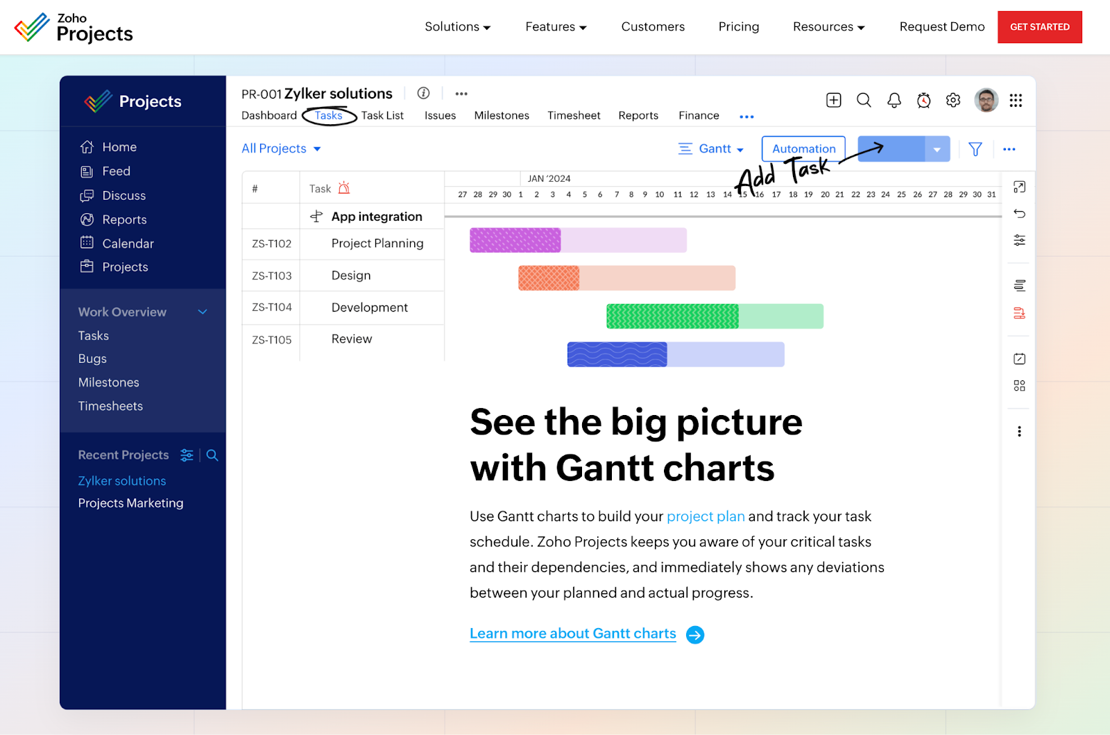 screenshot of Zoho Projects website homepage showing task button and where to add tasks saying see the big picture with Gantt charts