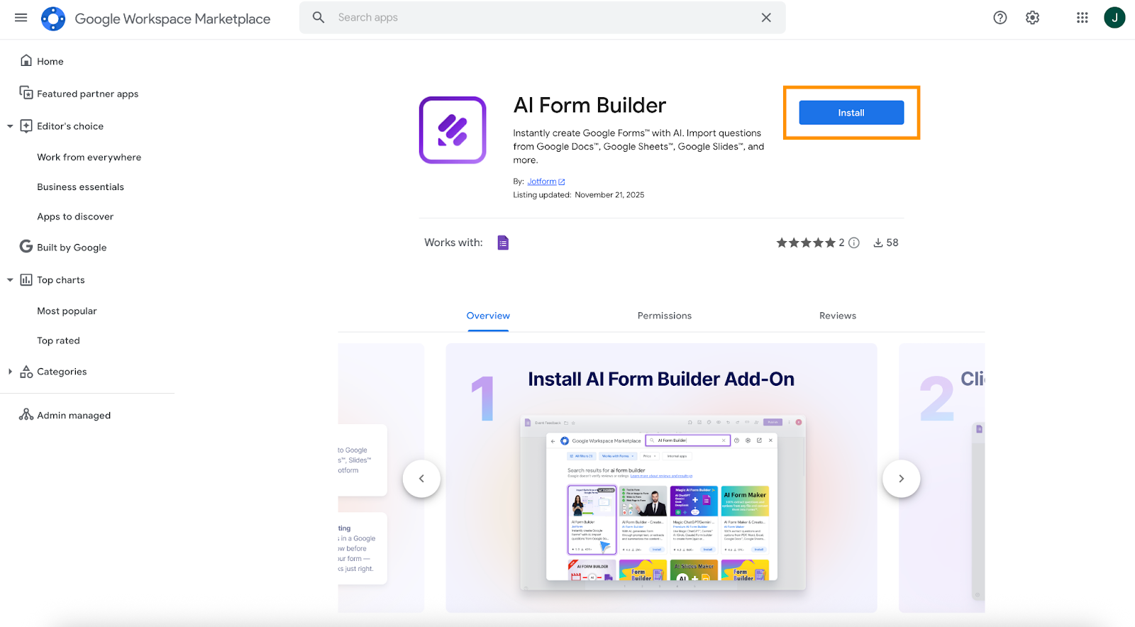 Google Workspace Marketplace AI Form Builder Listing