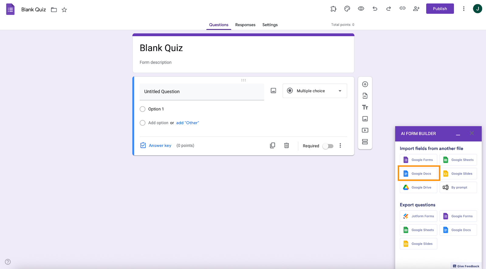 AI Form builder Google Docs Button