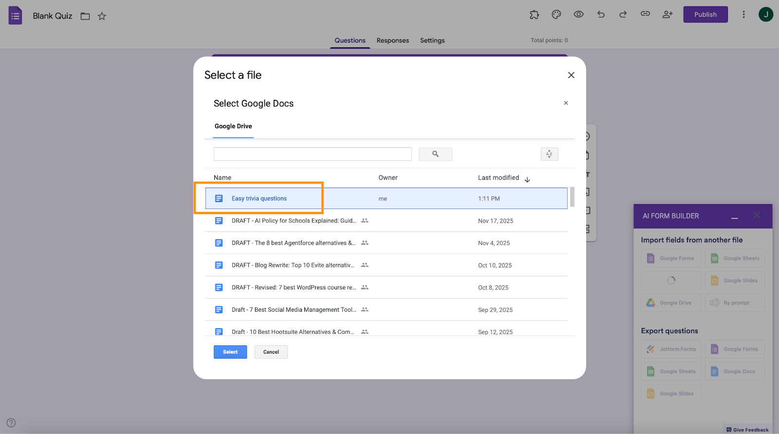 AI Form Builder Google Docs Asset List Menu
