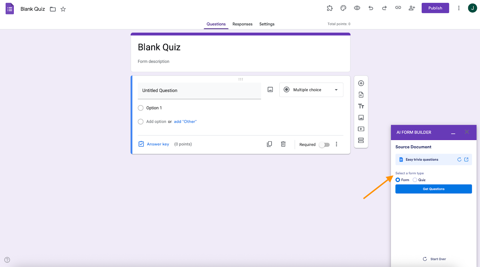 AI Form Builder Select a Form Type Button