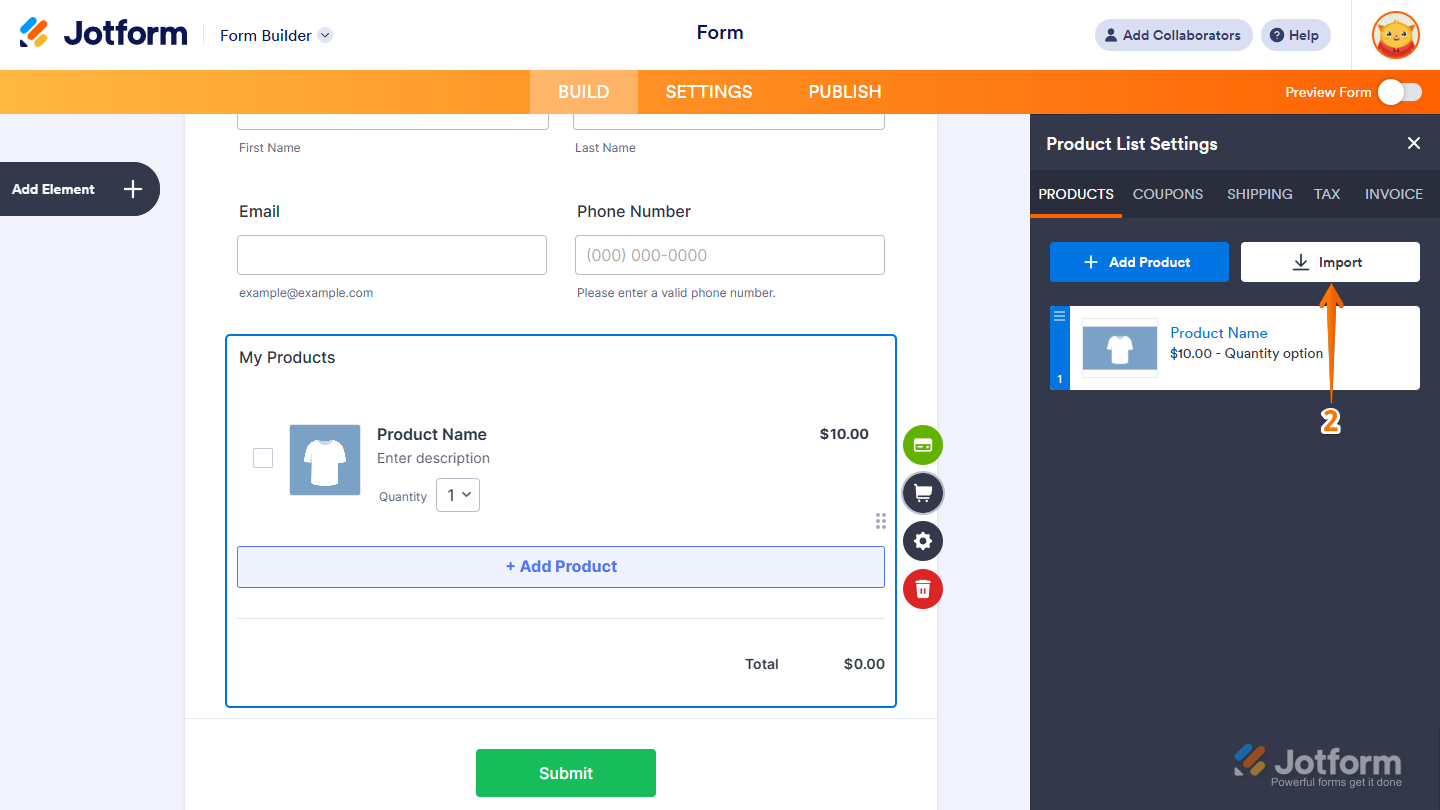 Jotform Form Builder Product List Settings Import Setting