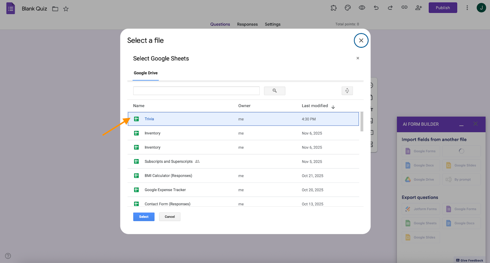 AI Form Builder Sheet Selection Menu