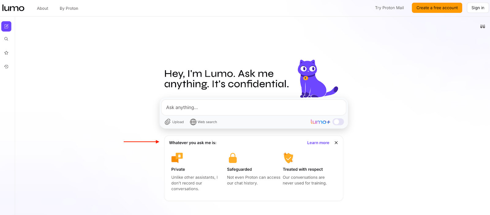 Screenshot of the Lumo chatbot user interface, with an image of the platform's purple cat mascot and a field for entering your prompt
